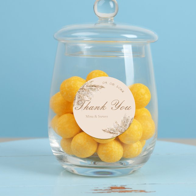 Pegatina Redonda Boda de hierba de pampas crema moderna Gracias (Subido por el creador)