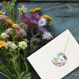 Pegatina Redonda Boda de hongos azules florales de flores silvestre