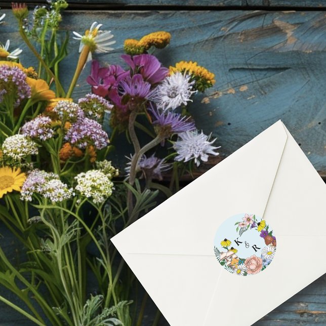 Pegatina Redonda Boda de hongos azules florales de flores silvestre (Subido por el creador)