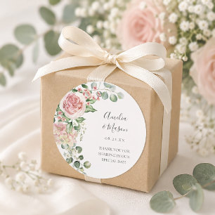 Pegatina Redonda Boda de Hortensia Peonía Eucalipto Floral Rosa