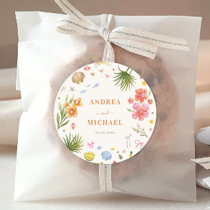 Pegatina Redonda Boda de huertas de flores de la costa tropical