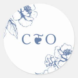 Pegatina Redonda Boda de Iniciales del Jardín Floral Azul Vintage