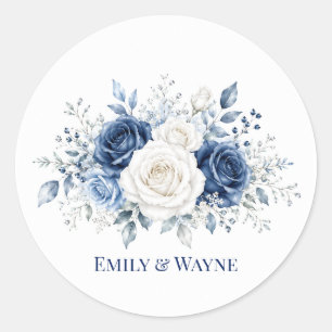 Pegatina Redonda Boda de invierno azul y blanco con rosas