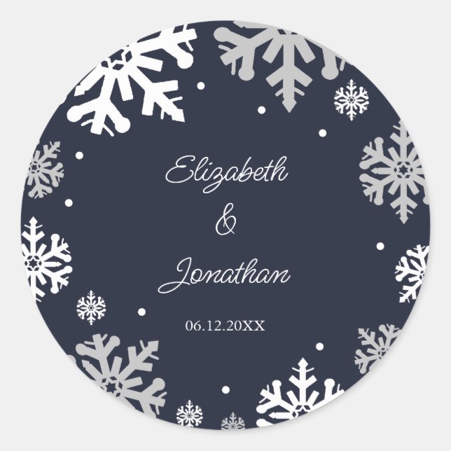 Pegatina Redonda Boda de invierno con copas de nieve azul de la mar (Anverso)