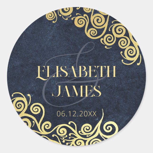 Pegatina Redonda Boda De Invierno De Lujo Azul Y Oro Floreciente (Anverso)