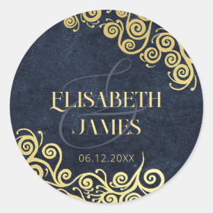 Pegatina Redonda Boda De Invierno De Lujo Azul Y Oro Floreciente