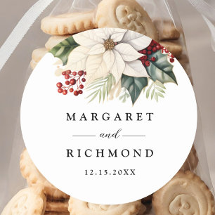Pegatina Redonda Boda de invierno de White Poinsettia Red Berries