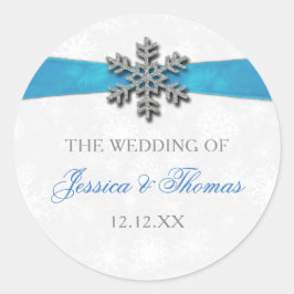 Pegatina Redonda Boda de Invierno Diamante Snowflake & Blue Ribbon