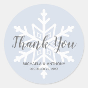 Pegatina Redonda Boda de Invierno Dusty Blue Snowflake Gracias