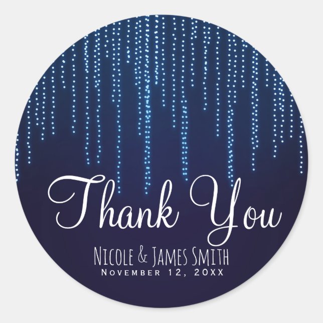 Pegatina Redonda Boda de Invierno Elegante Blue Sparkle String Luce (Anverso)