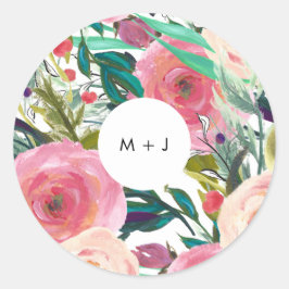 Pegatina Redonda Boda de jardín de flores de color acuático colorid