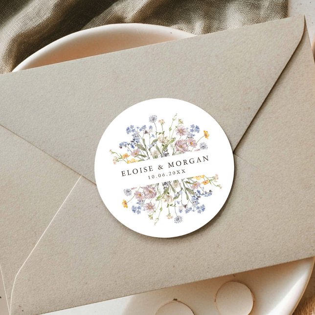 Pegatina Redonda Boda de jardín de flores silvestres de primavera c (Colorful Spring Wildflower Meadow Garden Wedding Classic Round envelope seal Sticker )