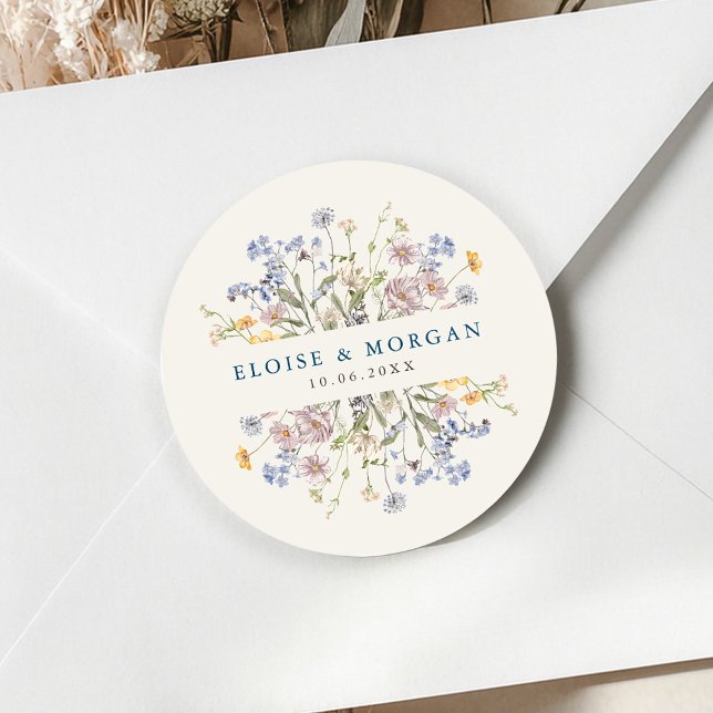 Pegatina Redonda Boda de jardín de flores silvestres de primavera c (Colorful Spring Wildflower Meadow Garden Wedding Classic Round envelope seal Sticker)