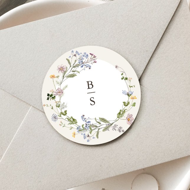 Pegatina Redonda Boda de jardín de flores silvestres de primavera c (Colorful Spring Wildflower Meadow Garden Wedding Classic Round envelope seal Sticker)
