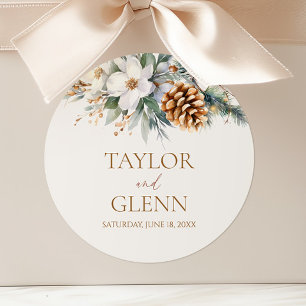 Pegatina Redonda Boda de jardín floral de flores de pino de inviern