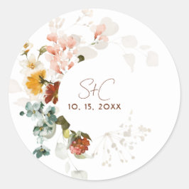 Pegatina Redonda Boda de jardín floral de flores silvestres boho rú