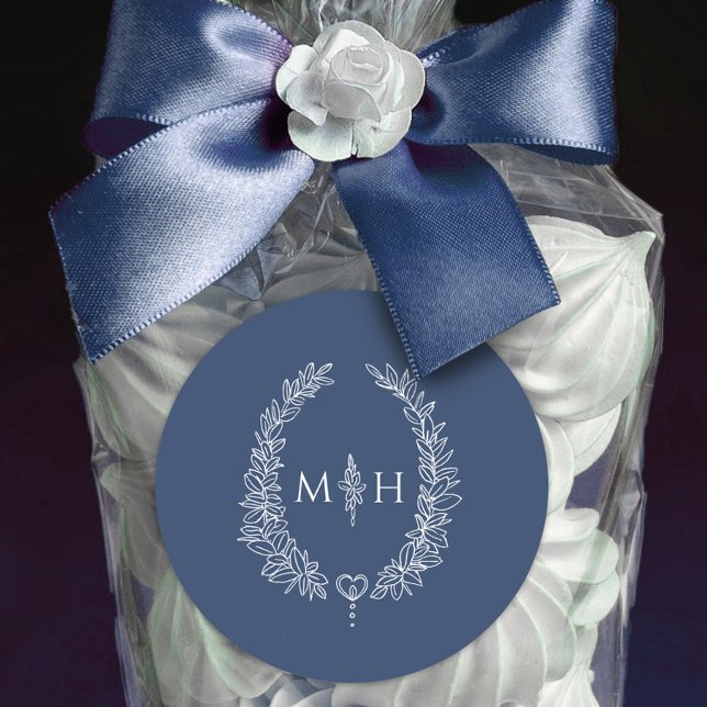 Pegatina Redonda Boda de la corona ósea monograma blanco azul (Subido por el creador)