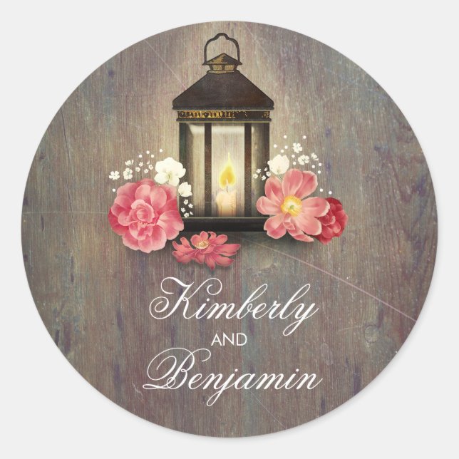 Pegatina Redonda Boda de la fábrica de madera rústica de la lintern (Anverso)