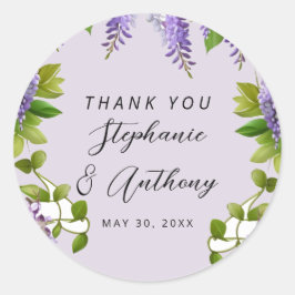 Pegatina Redonda Boda de la glicinia morada colgante botánica