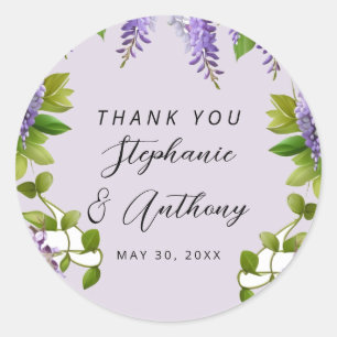 Pegatina Redonda Boda de la glicinia morada colgante botánica