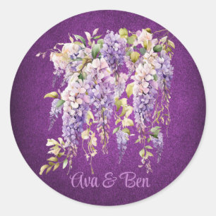 Pegatina Redonda Boda de la glicinia morada y lavanda
