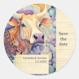Pegatina Redonda Boda de la granja de cría caja vaca Guardar la fec