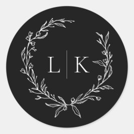 Pegatina Redonda Boda de la guirnalda de monograma negro y blanco