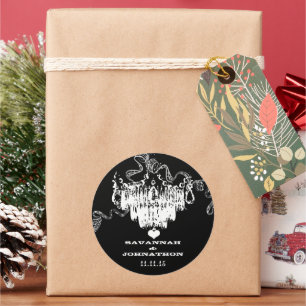 Pegatina Redonda Boda de la lámpara de araña blanca y negra