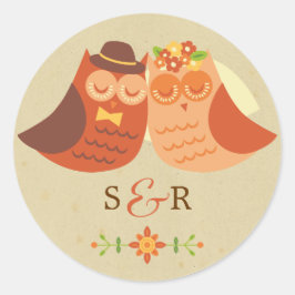 Pegatina Redonda Boda de la pareja de búhos de Boho Lovebird