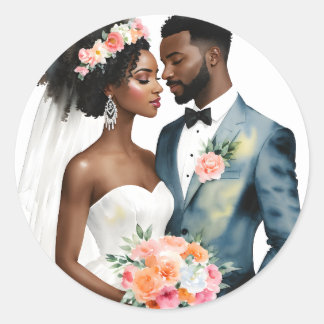 Pegatina Redonda Boda de la pareja de novias afroamericana
