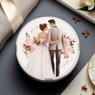 Pegatina Redonda Boda de la pareja romántica acuarela