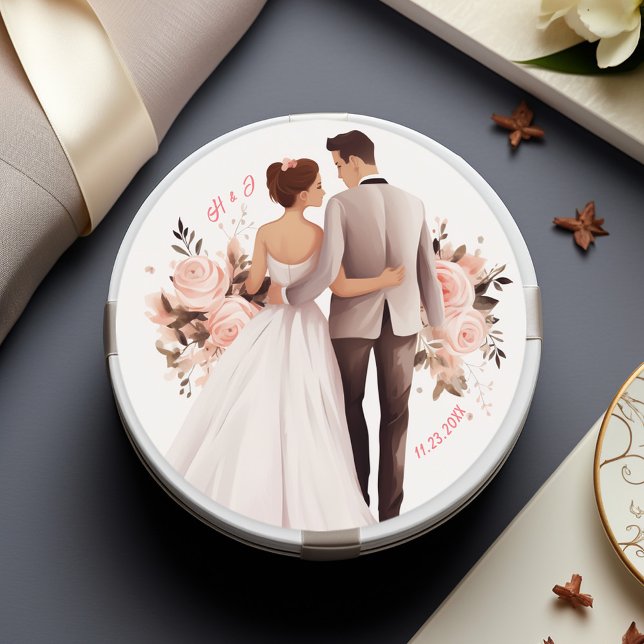Pegatina Redonda Boda de la pareja romántica acuarela (Watercolor Romantic Couple Wedding Classic Round Sticker)