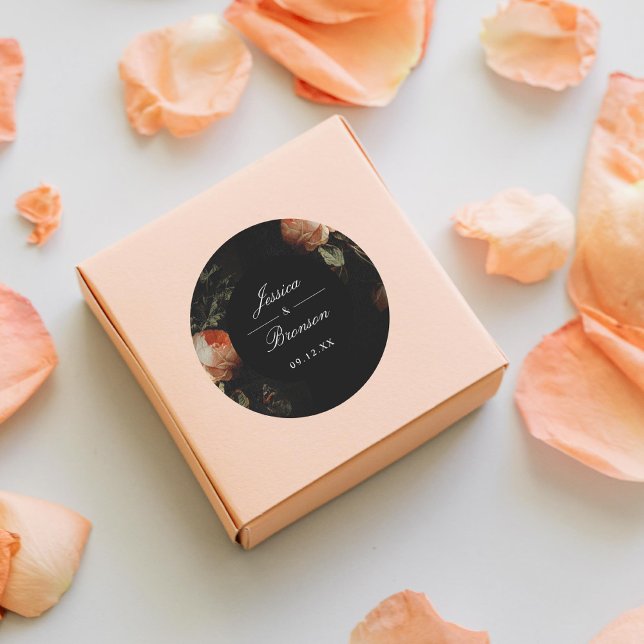 Pegatina Redonda Boda de la pintura holandesa romántica floral oscu (Subido por el creador)