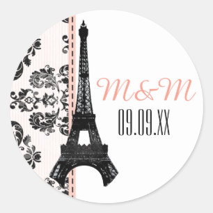 Pegatina Redonda Boda de la Torre Eiffel de Damask Monogramado Rosa