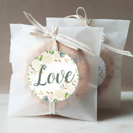 Pegatina Redonda Boda de la vegetación floral Love Cream Gold