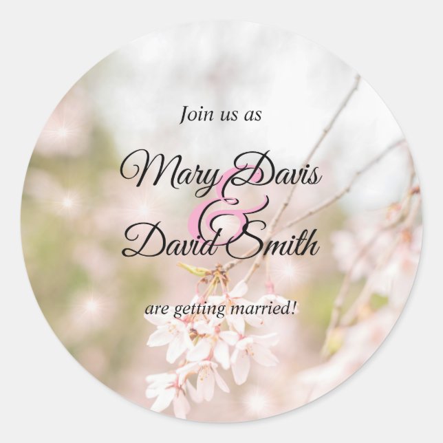 Pegatina Redonda Boda de las espárragos del cerezo que llora brilla (Anverso)