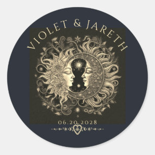 Pegatina Redonda Boda de las estrellas celestes de la luna solar