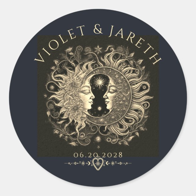 Pegatina Redonda Boda de las estrellas celestes de la luna solar (Anverso)