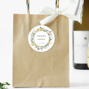 Pegatina Redonda Boda de las flores blancas amarillas