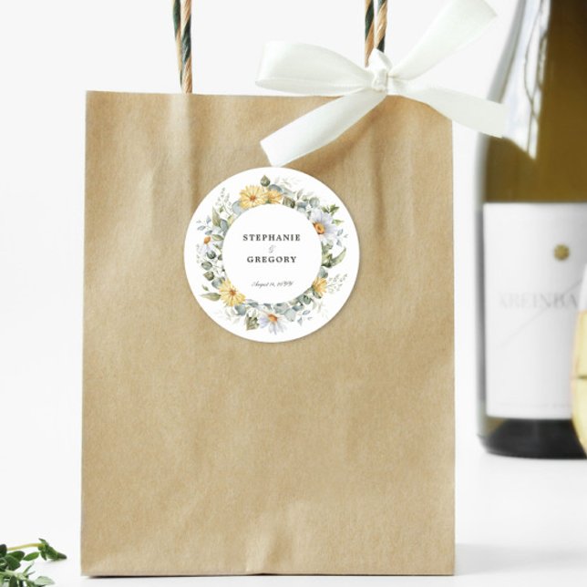 Pegatina Redonda Boda de las flores blancas amarillas (Subido por el creador)