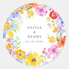 Pegatina Redonda Boda de las flores de color de agua vibrante de pr