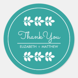 Pegatina Redonda Boda de las hojas blancas turquesas gracias