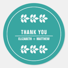 Pegatina Redonda Boda de las hojas blancas turquesas gracias