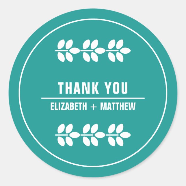 Pegatina Redonda Boda de las hojas blancas turquesas gracias (Anverso)