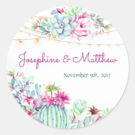 Pegatina Redonda Boda de las luces de cadena Cactus Succulent