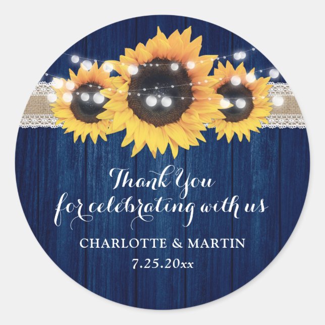 Pegatina Redonda Boda de las luces de cadena de madera de girasol a (Anverso)