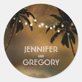 Pegatina Redonda Boda de las luces de cadena de palm solar de playa