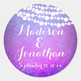 Pegatina Redonda Boda de las Luces Twinkle Púrpura Colgando