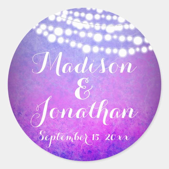 Pegatina Redonda Boda de las Luces Twinkle Púrpura Colgando (Anverso)