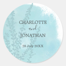 Pegatina Redonda Boda de lavado de acuarela azul acuático